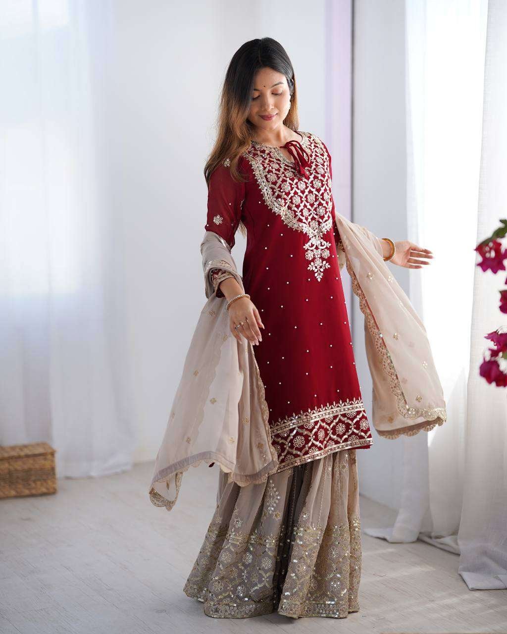 Women's Faux Georgette Sequins Embroidered Straight Kurta With Sharara Suit and Dupatta Set - Image 5