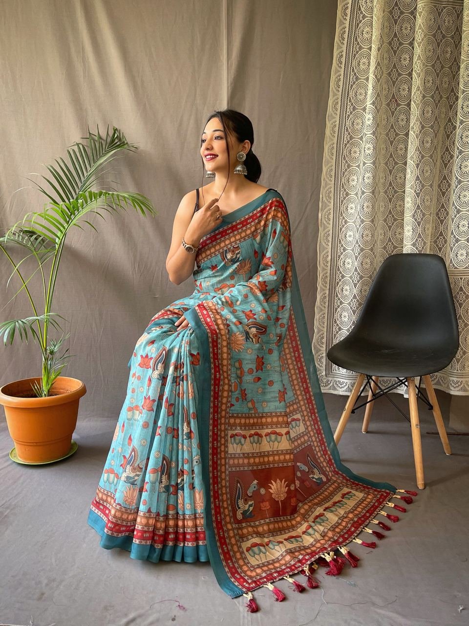 Women's Artistic Terracotta Orange Linen Saree with Kalamkari Inspired Print & Tassel Detailing – Perfect for Casual Festivities & Cultural Events - Image 12